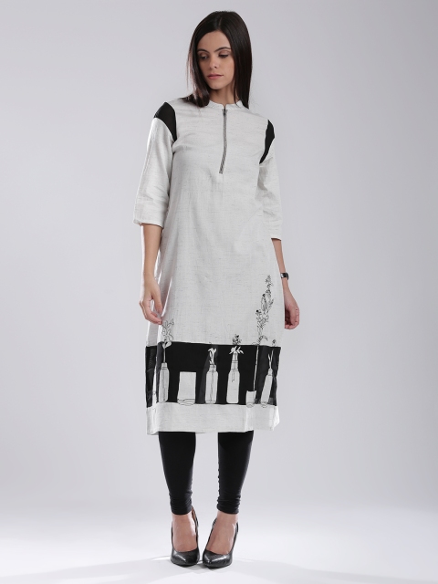 

W Off-White A-Line Kurta with Printed Detail