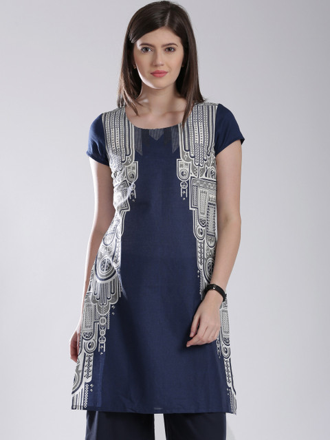

W Navy & White Printed Kurta, Navy blue