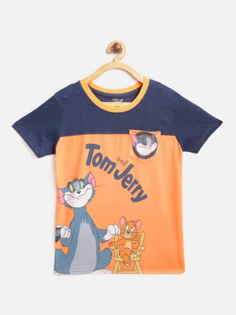 

GAME BEGINS Boys Orange & Navy Pure Cotton Tom & Jerry Print Round Neck T-shirt