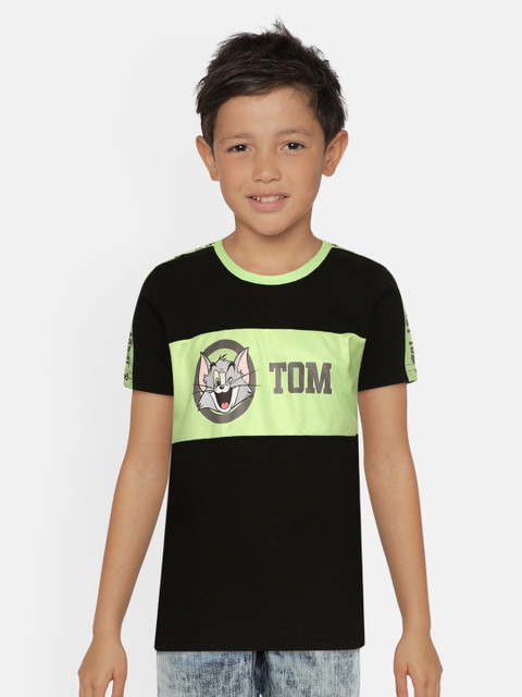 

GAME BEGINS Boys Black & Green Tom Print Round Neck T-shirt with Colourblocked Detail
