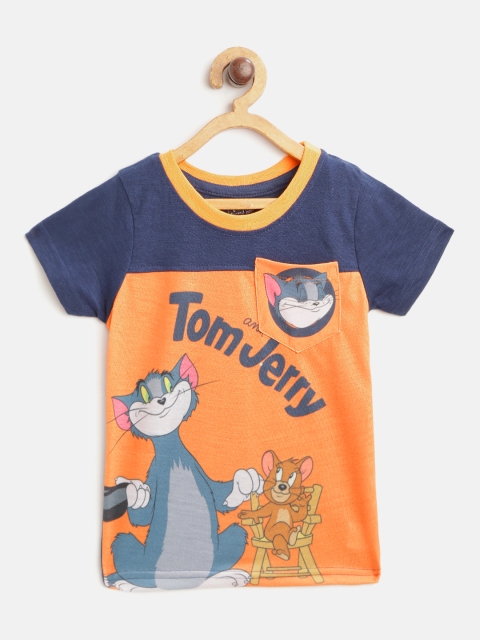 

GAME BEGINS Boys Orange & Navy Pure Cotton Tom & Jerry Print Round Neck T-shirt