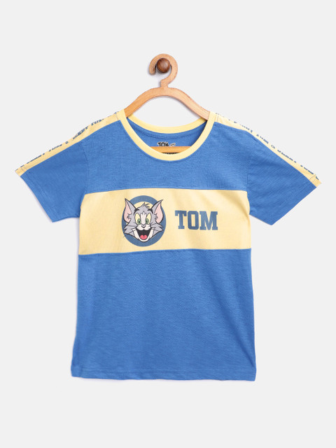 

GAME BEGINS Boys Blue & Beige Tom Print Round Neck T-shirt with Colourblocked Detail