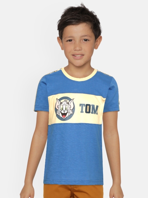 

GAME BEGINS Boys Blue & Beige Tom Print Round Neck T-shirt with Colourblocked Detail