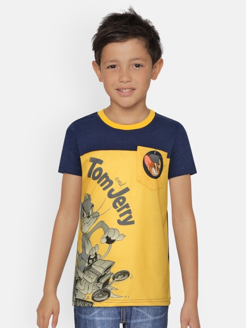 

GAME BEGINS Boys Mustard Yellow & Navy Blue Tom & Jerry Print Pure Cotton T-shirt