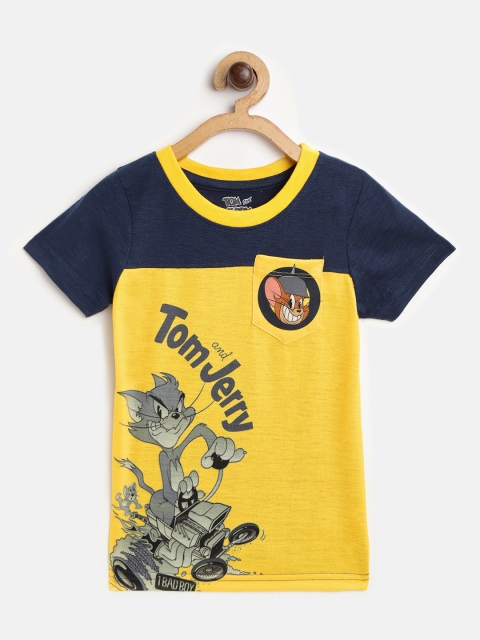 

GAME BEGINS Boys Mustard Yellow & Navy Blue Tom & Jerry Print Pure Cotton T-shirt