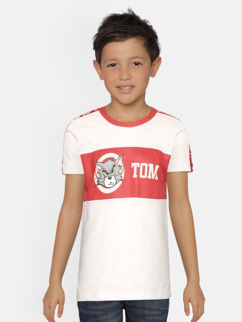 

GAME BEGINS Boys White & Red Tom Print Round Neck T-shirt with Colourblocked Detail
