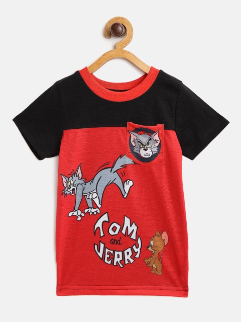 

GAME BEGINS Boys Red Black Tom Jerry Print Round Neck Pure Cotton T-shirt