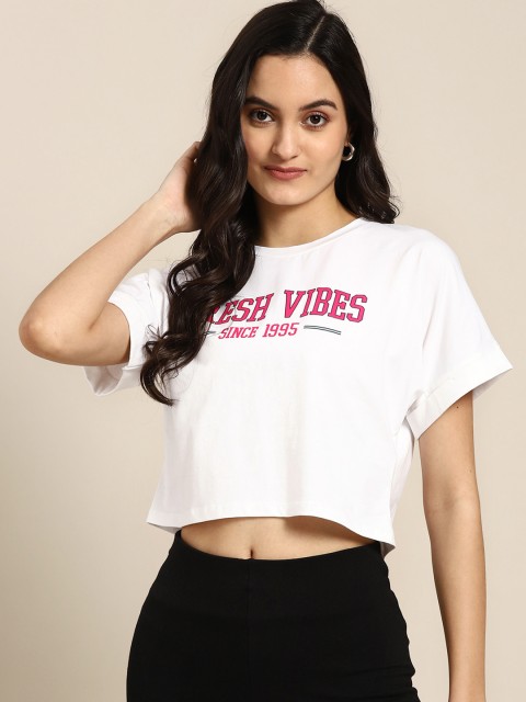 

COVER STORY Women White & Pink Printed Pure Cotton Round Neck Crop T-shirt