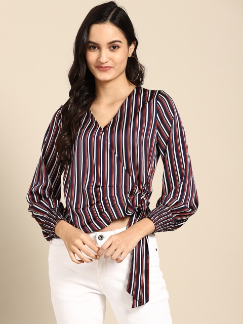 

COVER STORY Navy Blue & Maroon Striped Puff Sleeves Wrap Top
