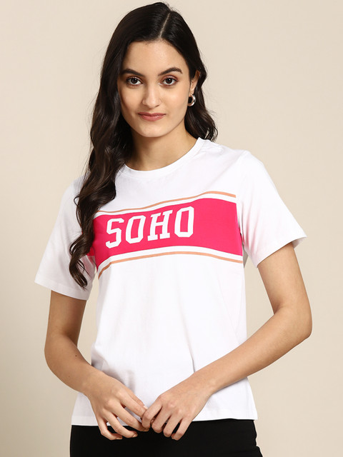 

COVER STORY Women White Pink Printed Round Neck Pure Cotton T-shirt