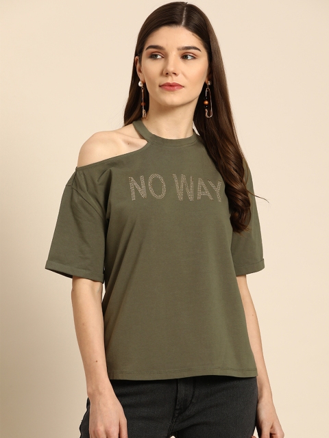 

COVER STORY Olive Green & Golden Embellished Cold-Shoulder Sleeves Regular Top