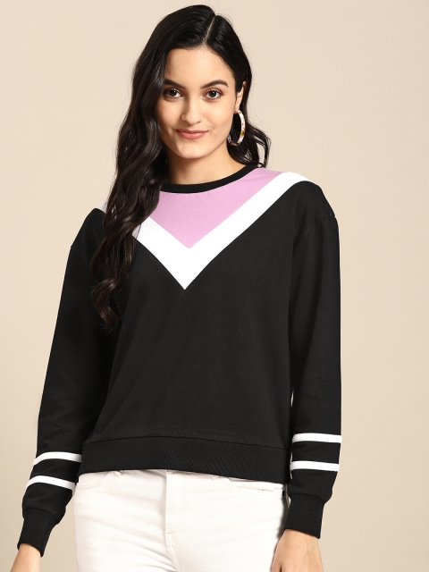 

COVER STORY Women Pure Cotton Black & Pink Colourblocked Sweatshirt