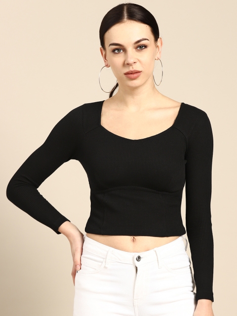 

COVER STORY Black Pure Cotton Self-Design Fitted Crop Top