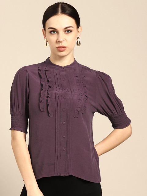 

COVER STORY Purple Mandarin Collar Puff Sleeves Shirt Style Top