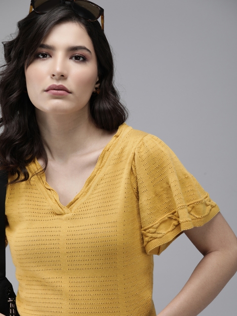 

The Roadster Lifestyle Co Women Yellow Self Design Regular Top