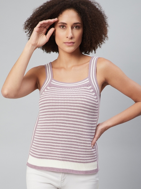 

The Roadster Lifestyle Co Mauve & White Striped Crochet Regular Top