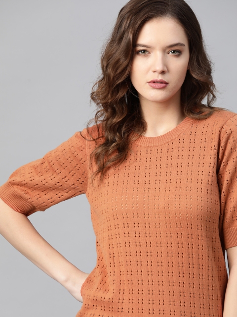 

Roadster Rust Orange Open Knit Crochet Knit Blouson Top