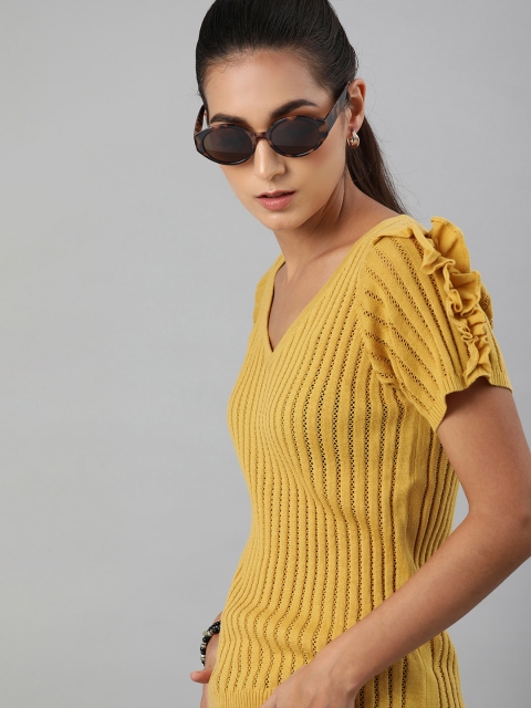 

The Roadster Lifestyle Co Mustard Yellow Self Striped Ruffles Crochet Fitted Top