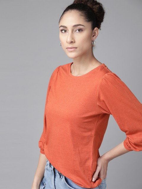 

The Roadster Lifestyle Co Rust Orange Puff Sleeve Regular Top