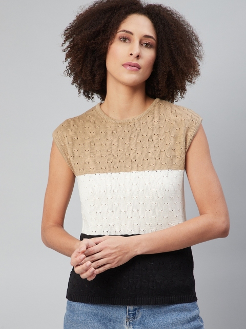 

Roadster Beige & Off White Colourblocked Crochet Knit Pure Cotton Top