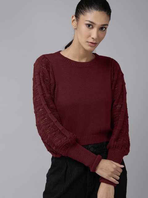 

The Roadster Lifestyle Co Women Burgundy Solid Crochet Top