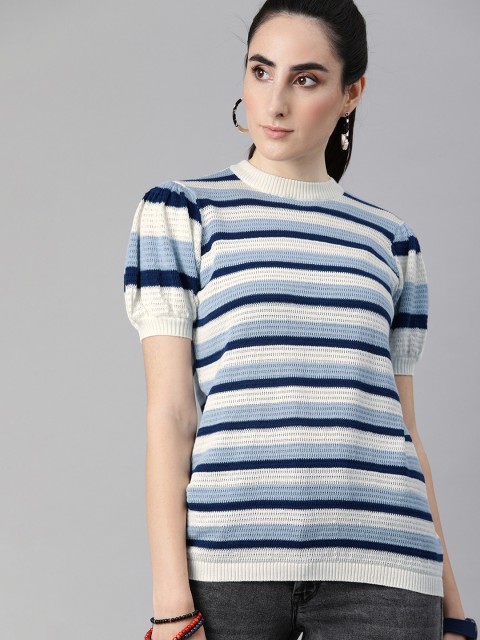 

The Roadster Lifestyle Co White & Blue Striped Puff Sleeve Regular Top