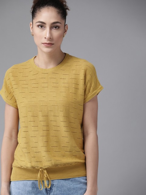 

The Roadster Lifestyle Co Women Crochet Knit Mustard Yellow Cotton Striped Extended Sleeves Regular Top
