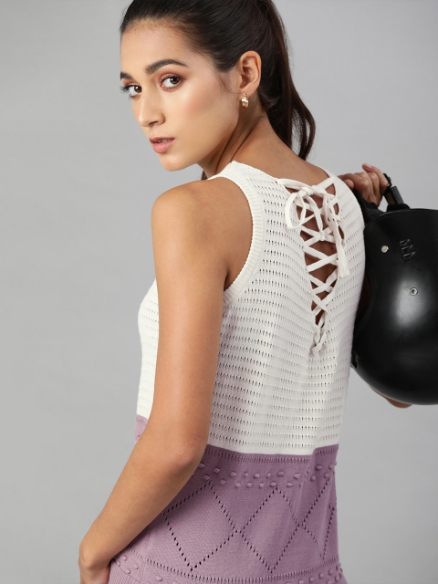 

The Roadster Lifestyle Co White & Purple Self Striped Crochet Styled Back Top with Tie-Ups