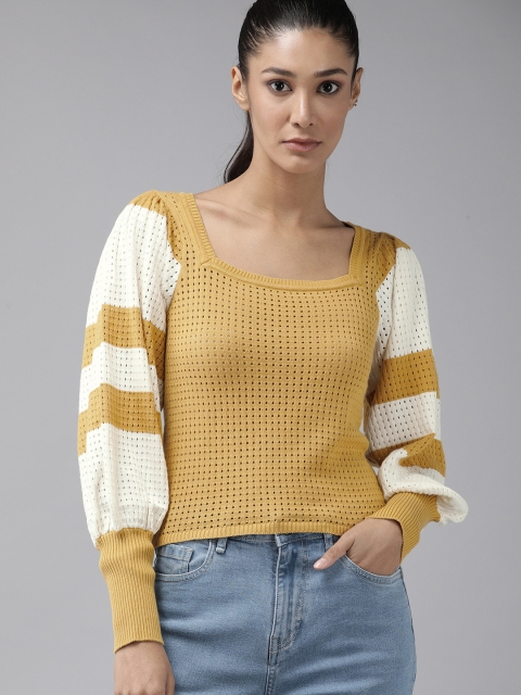 

The Roadster Lifestyle Co Mustard Yellow & White Crochet Knit Pure Cotton Regular Top