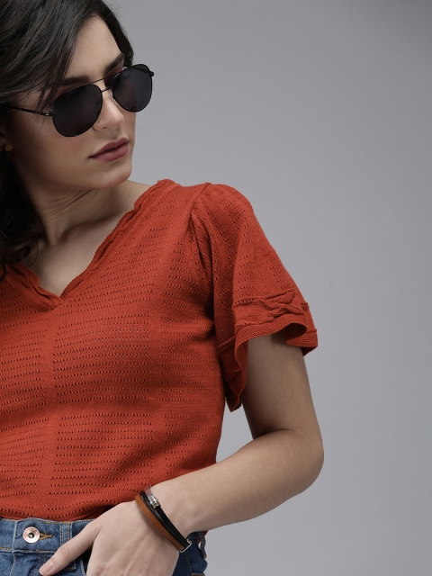 

The Roadster Lifestyle Co Women Red Self Designed Regular Top