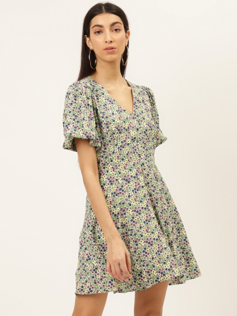 

20Dresses Women Off-White & Green Floral Print Fit & Flare Dress