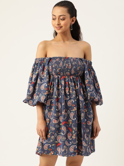 

20Dresses Women Blue & Pink Paisley Printed Off-Shoulder Empire Dress