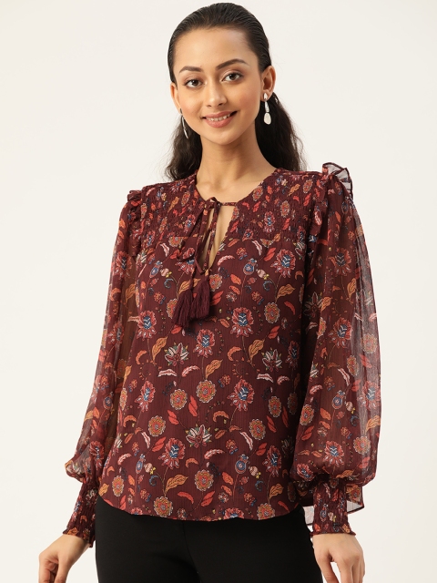 

20Dresses Maroon Printed Tie-Up Neck Puff Sleeves Chiffon Top