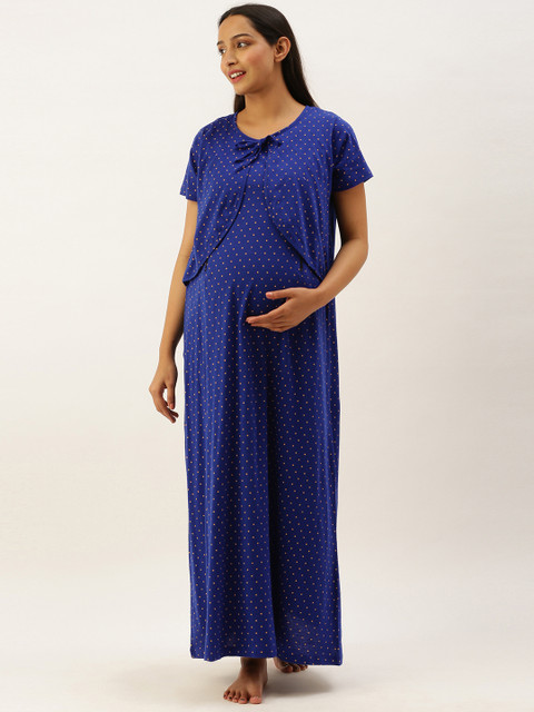 

Nejo Navy Blue & Yellow Polka Dot Print Layered Cotton Maternity Maxi Nightdress
