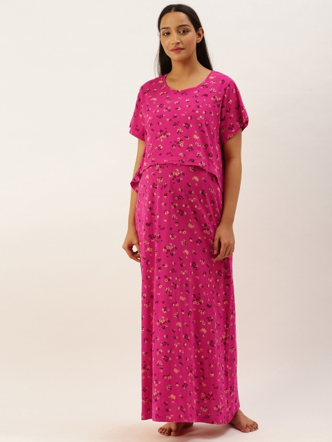 

Nejo Women Fuchsia & Mustard Yellow Floral Print Layered Cotton Maternity Maxi Night Dress
