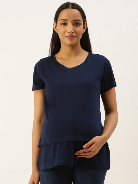 

Nejo Navy Blue Solid Layered Maternity Pure Cotton A-Line Top