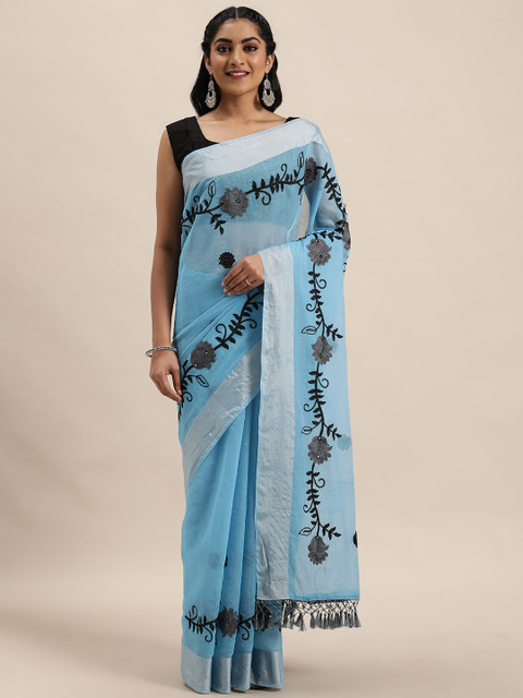 

LADUSAA Blue Embroidered Chanderi Saree