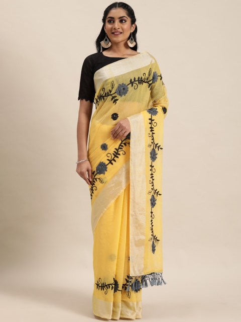 

LADUSAA Yellow Embroidered Chanderi Saree