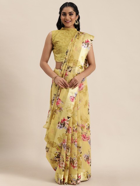 

LADUSAA Beige & Pink Floral Printed Saree