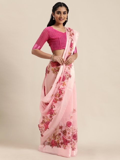 

LADUSAA Pink Floral Printed Saree