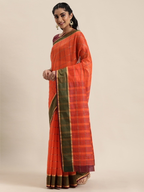 

LADUSAA Orange Checked Saree