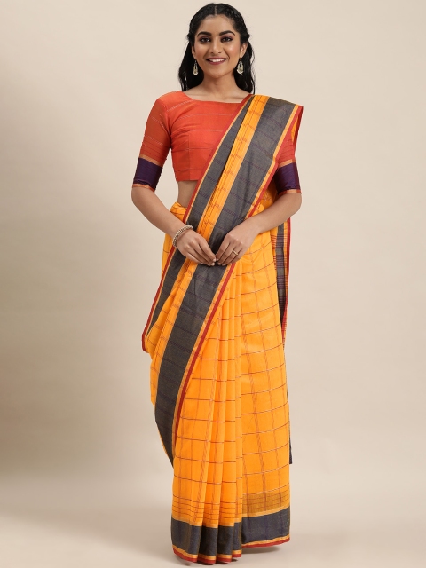 

LADUSAA Mustard Yellow & Maroon Checked Saree