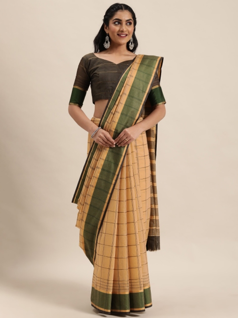 

LADUSAA Beige & Coffee Brown Checked Saree