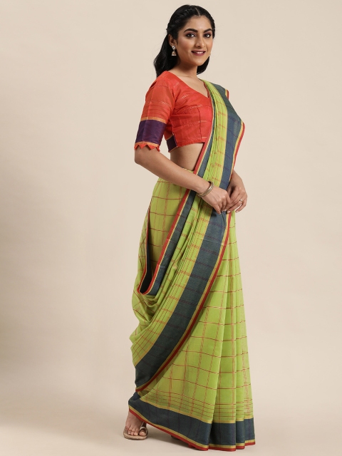 

LADUSAA Lime Green & Red Checked Celebrity Saree