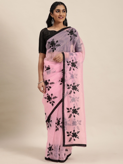 

LADUSAA Pink & Black Embroidered Saree