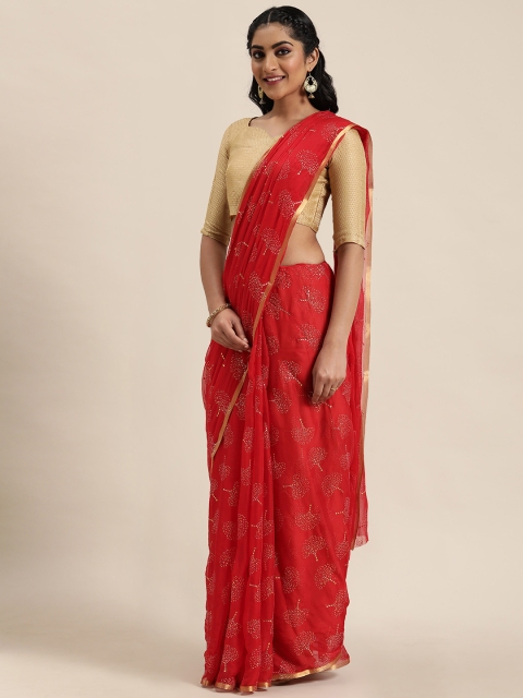 

LADUSAA Red Embellished Poly Chiffon Saree