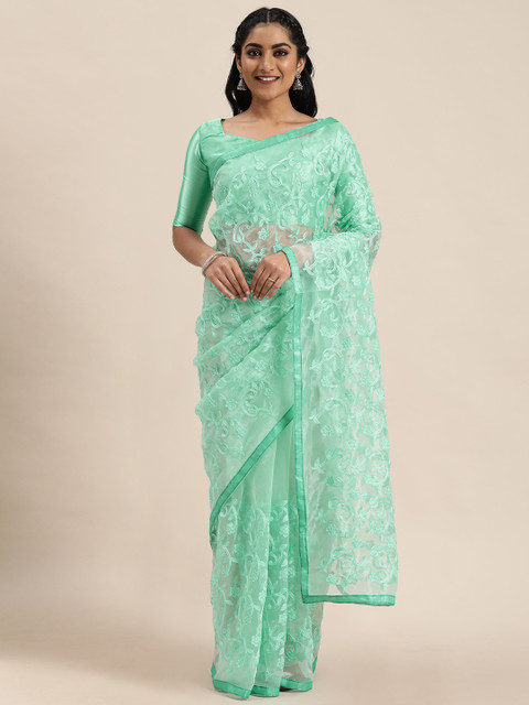 

LADUSAA Green Embroidered Organza Saree