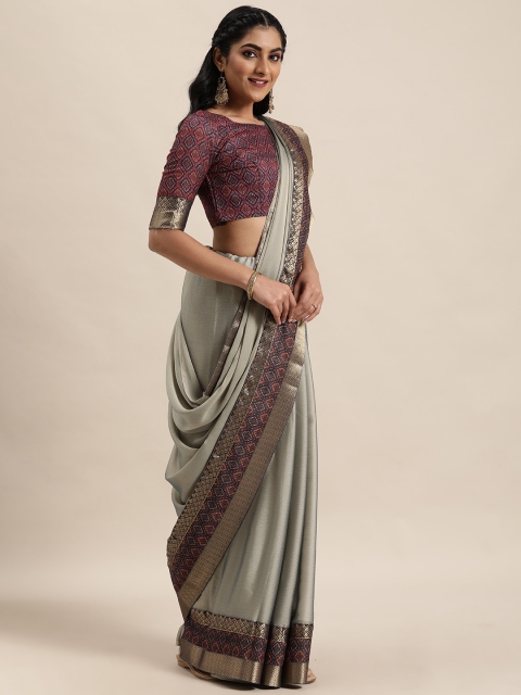 

LADUSAA Grey Pure Chiffon Solid Pochampally Saree