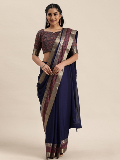 

LADUSAA Navy Blue Pure Chiffon Solid Pochampally Saree