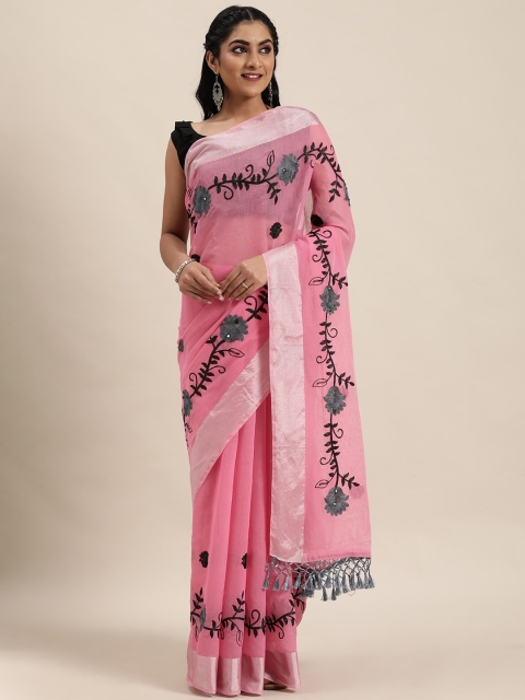 

LADUSAA Pink & Black Embroidered Chanderi Saree